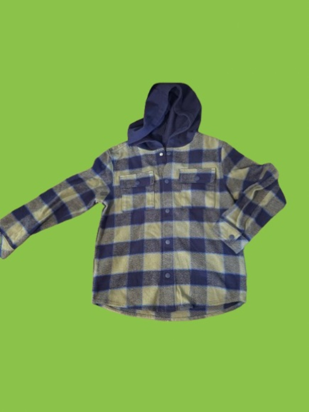 Cat & Jack Blue and Cream Plaid Hooded Button-Down Shirt-Fleece-Boys Size 8-NWT